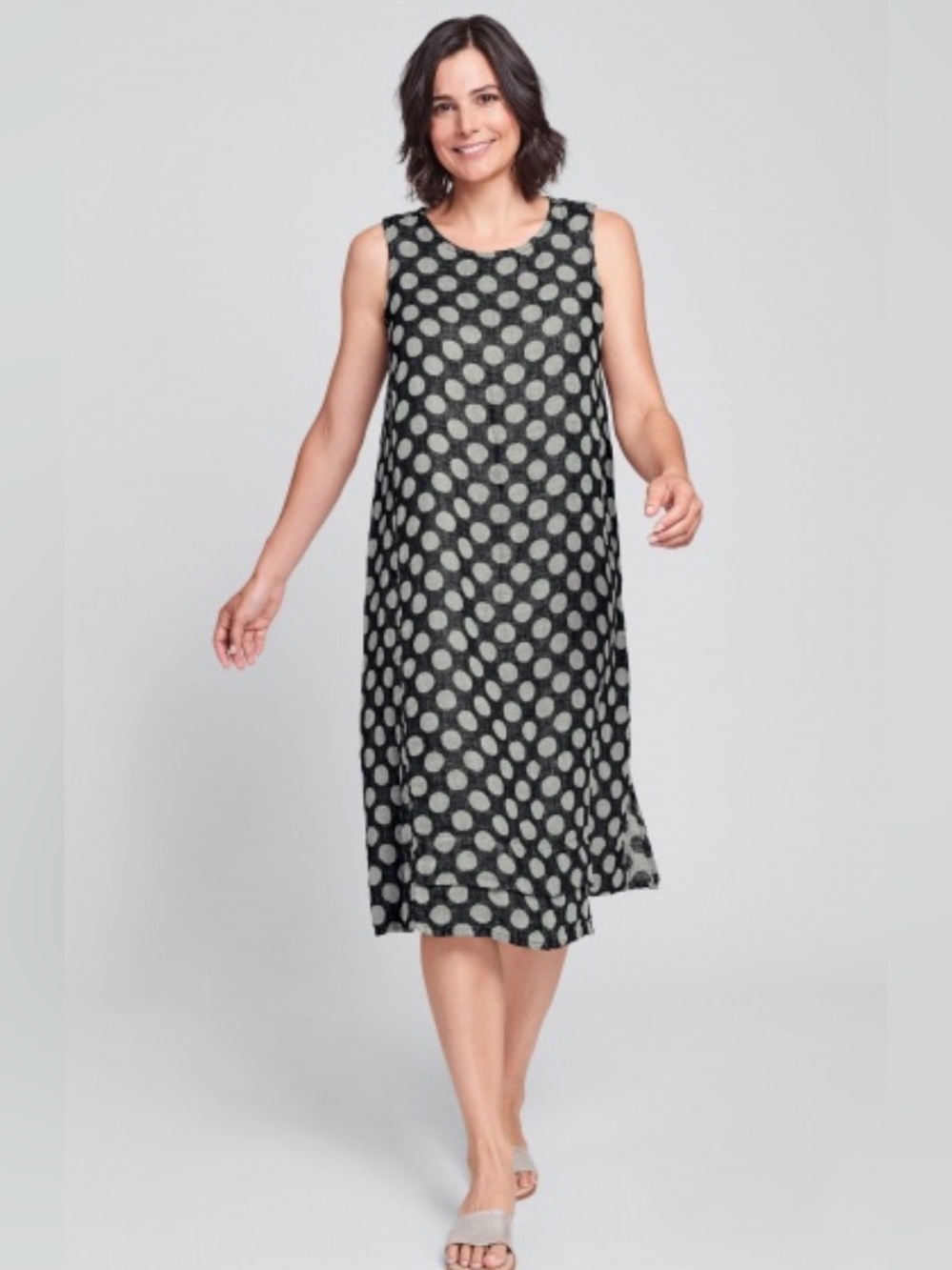 FLAX Jacquard Dot Vancouver 100% Linen Dress SMALL In Eclipse Dot Lagenlook